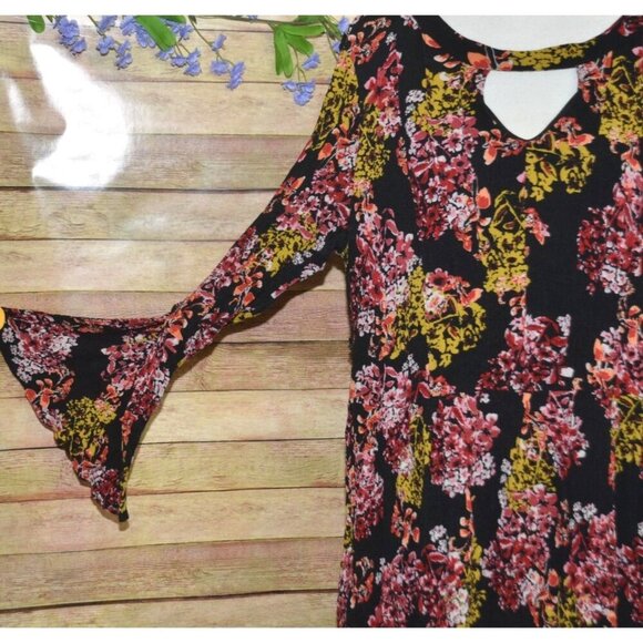 Nina Leonard Black Floral Boho Long Bell Sleeve Knee Length Dress Plus Size 2X - Picture 4 of 12